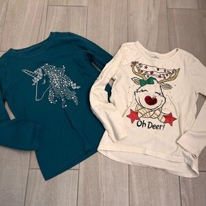 Cat & Jack Teal Unicorn and Cream Reindeer Long Sleeve Tops